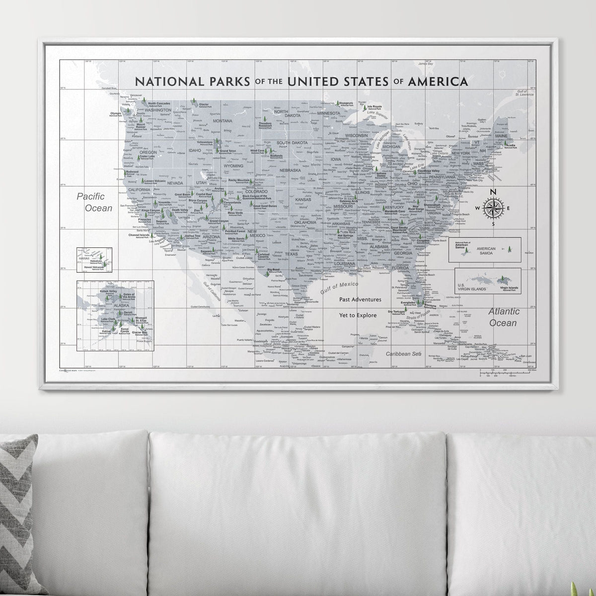 Push Pin National Parks Map - Light Gray Color Splash - Pins Included!