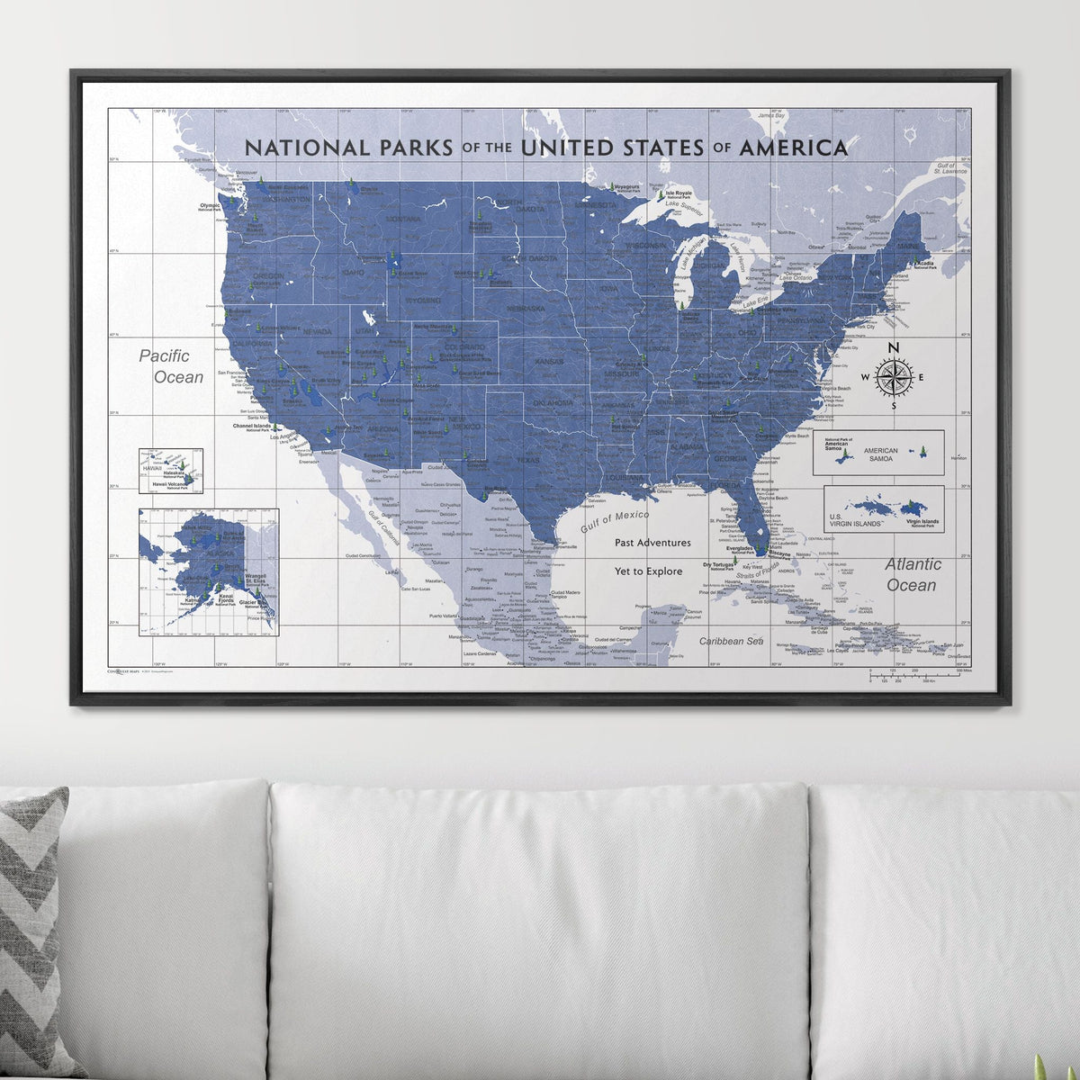 Push Pin National Parks Map - Navy Color Splash - Pins Included!