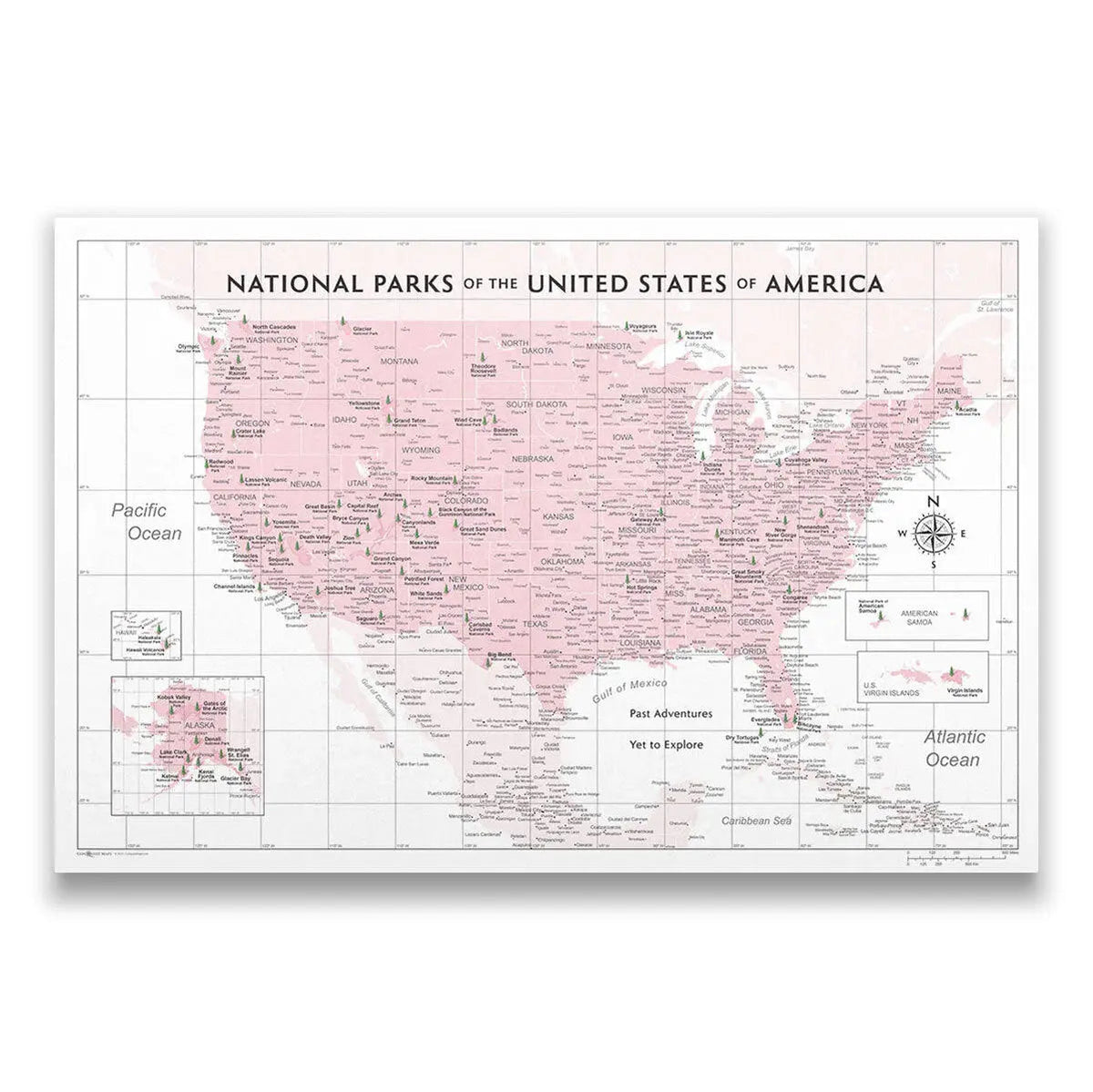 Push Pin National Parks Map - Pink Color Splash - Pins Included!
