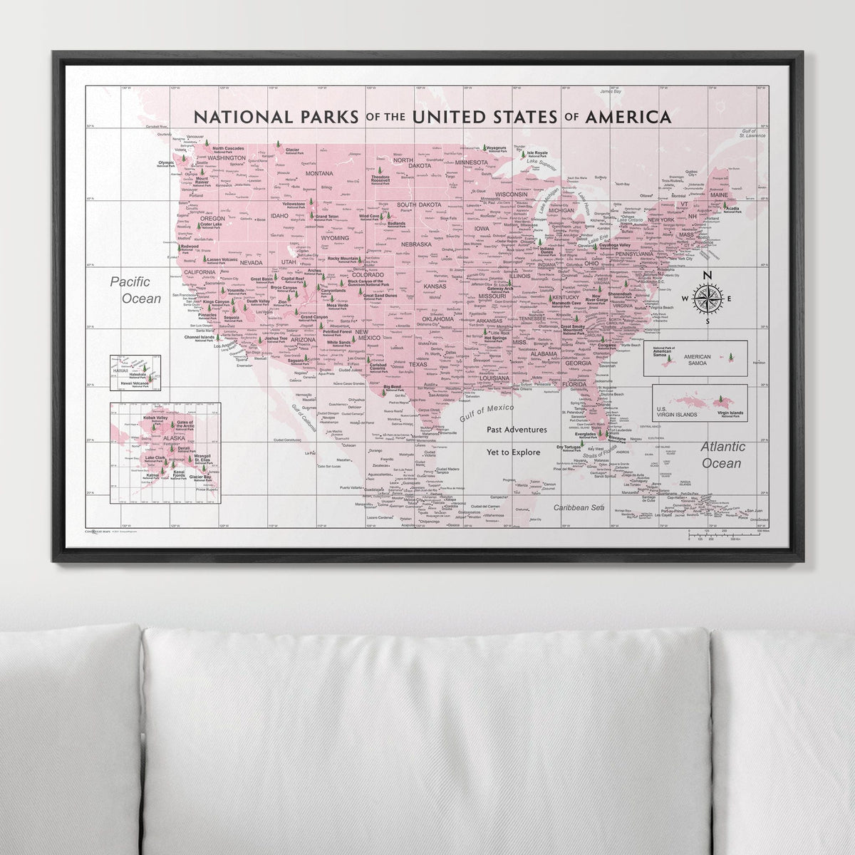 Push Pin National Parks Map - Pink Color Splash - Pins Included!