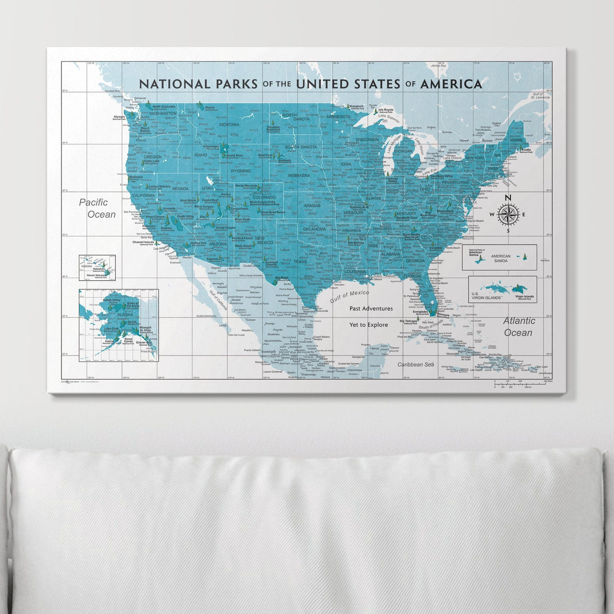 Push Pin National Parks Map - Teal Color Splash - Pins Included!