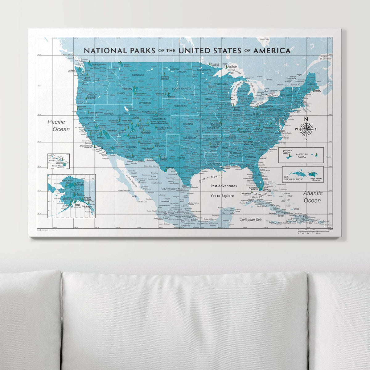 Push Pin National Parks Map - Teal Color Splash - Pins Included!