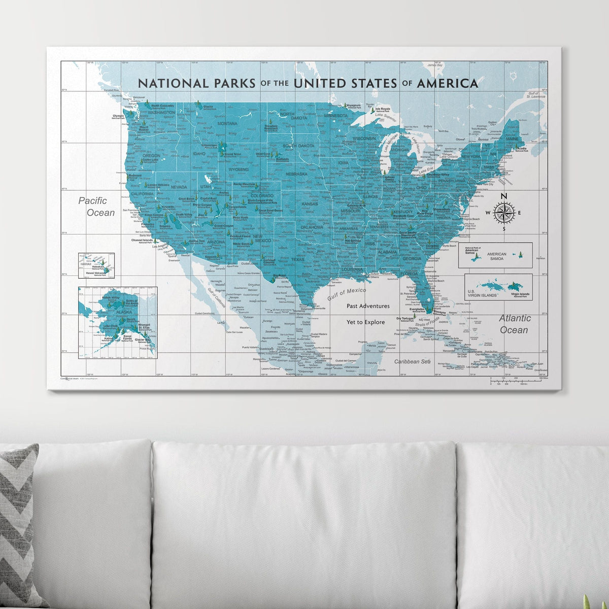 Push Pin National Parks Map - Teal Color Splash - Pins Included!