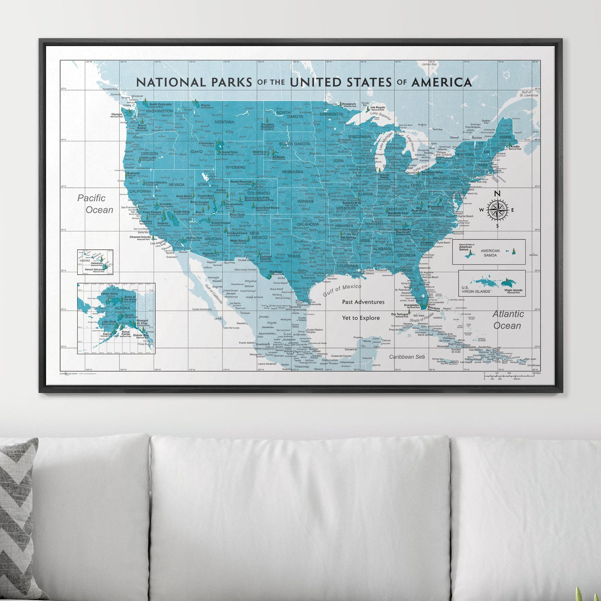 Push Pin National Parks Map - Teal Color Splash - Pins Included!