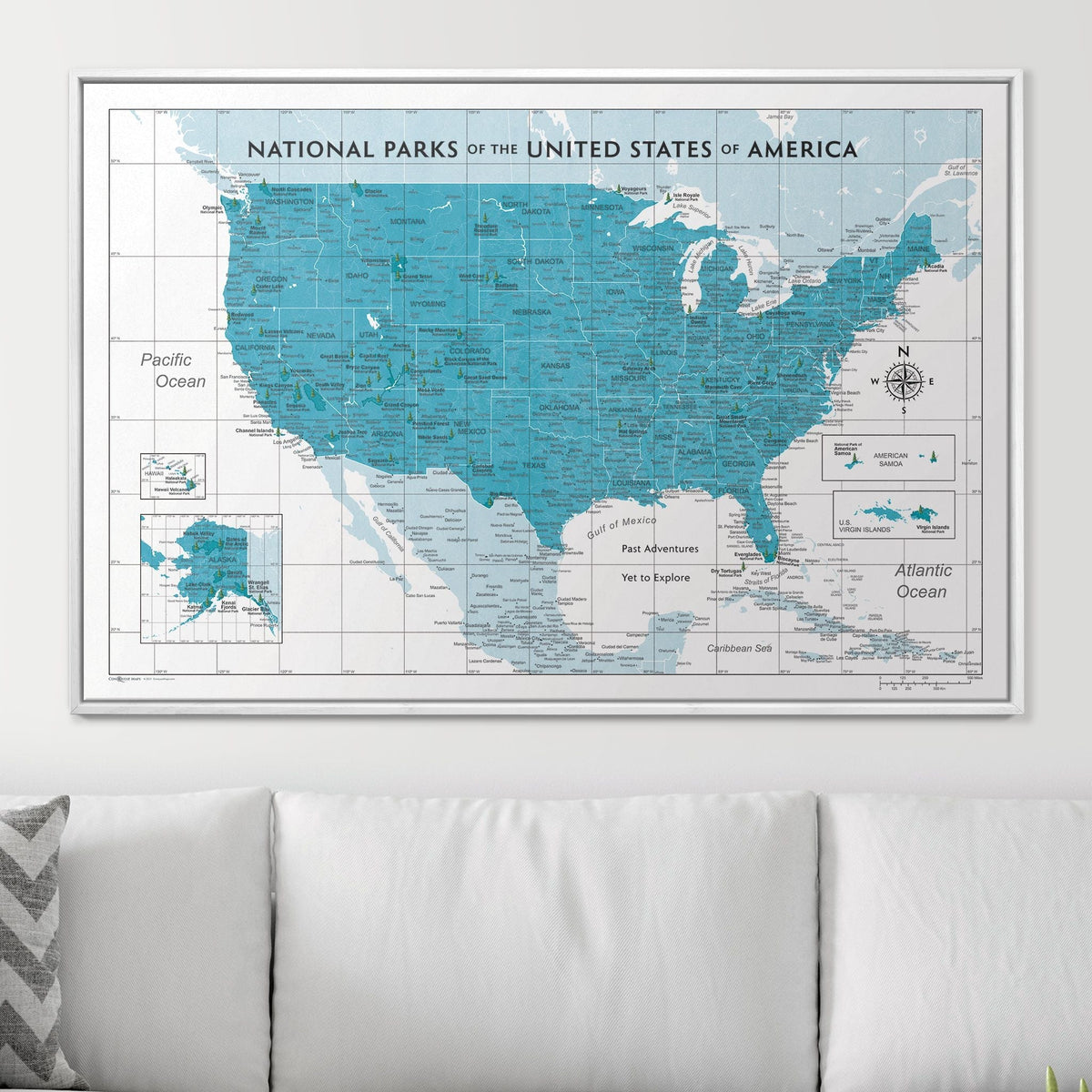 Push Pin National Parks Map - Teal Color Splash - Pins Included!