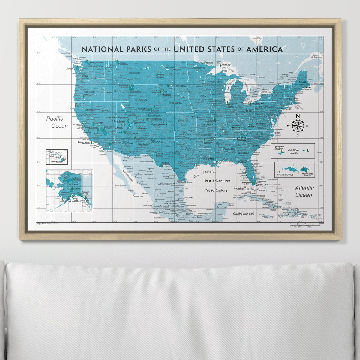Push Pin National Parks Map - Teal Color Splash - Pins Included!