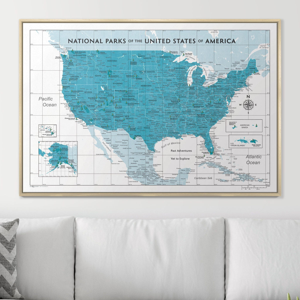 Push Pin National Parks Map - Teal Color Splash - Pins Included!