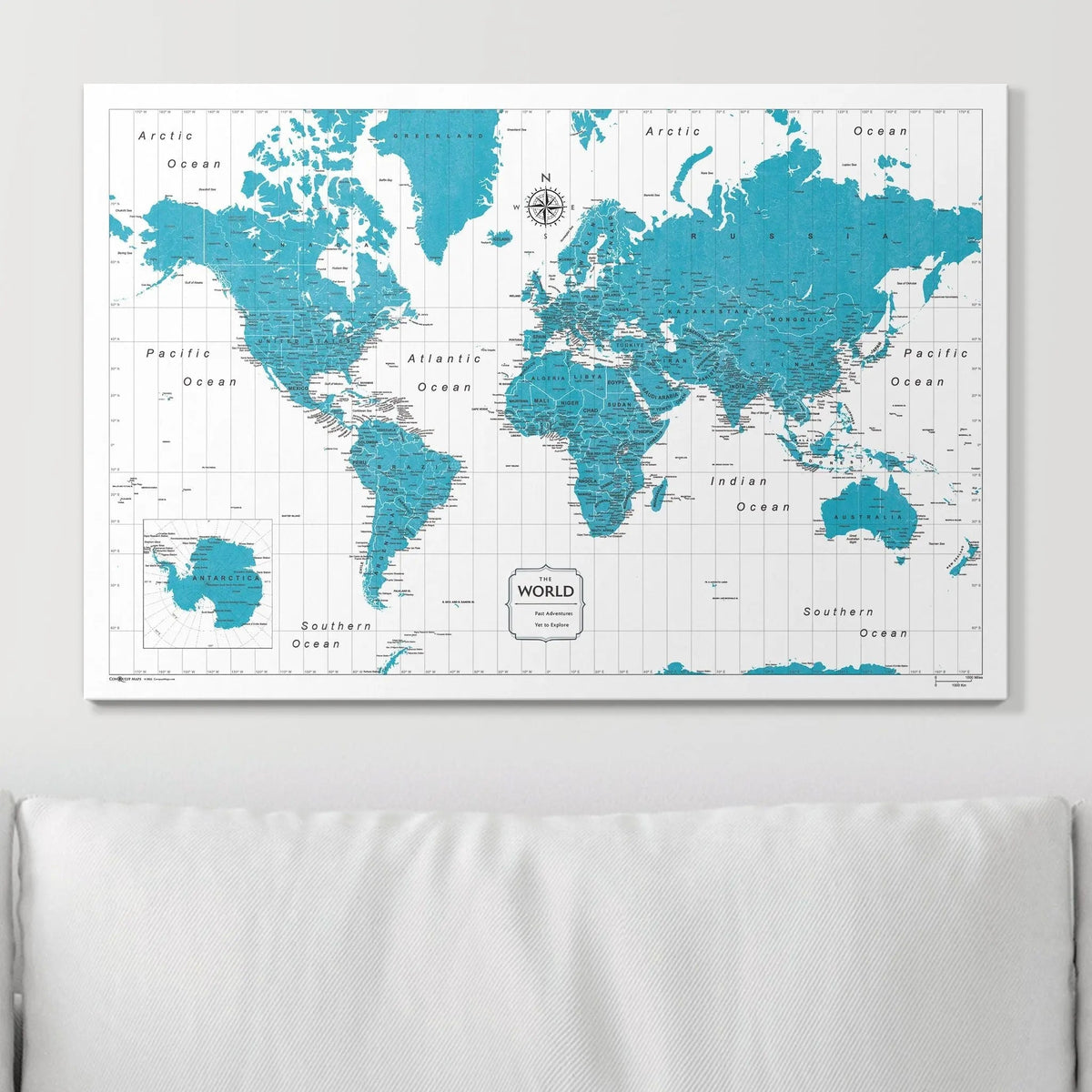 Push Pin World Map Pin Board - Teal Color Splash - Pins Included!