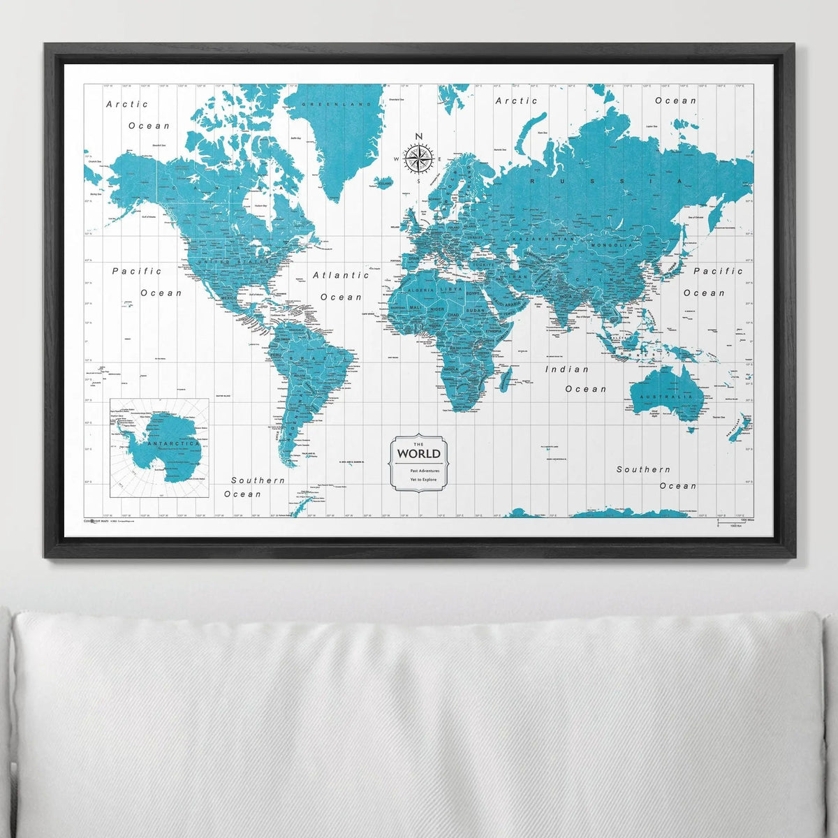 Push Pin World Map Pin Board - Teal Color Splash - Pins Included!