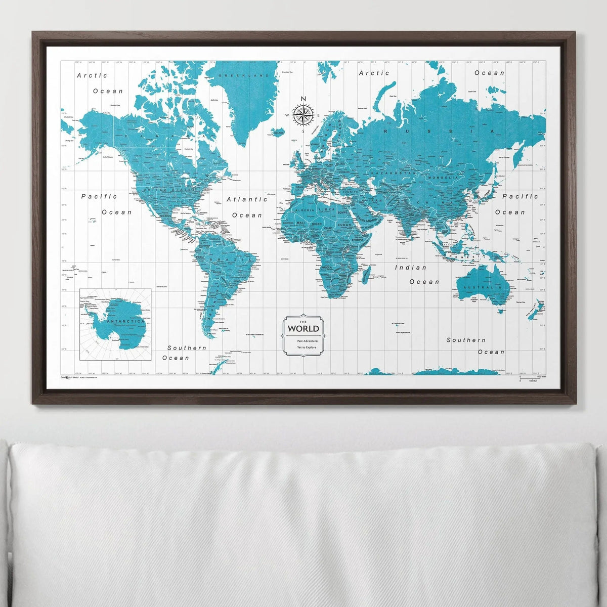 Push Pin World Map Pin Board - Teal Color Splash - Pins Included!
