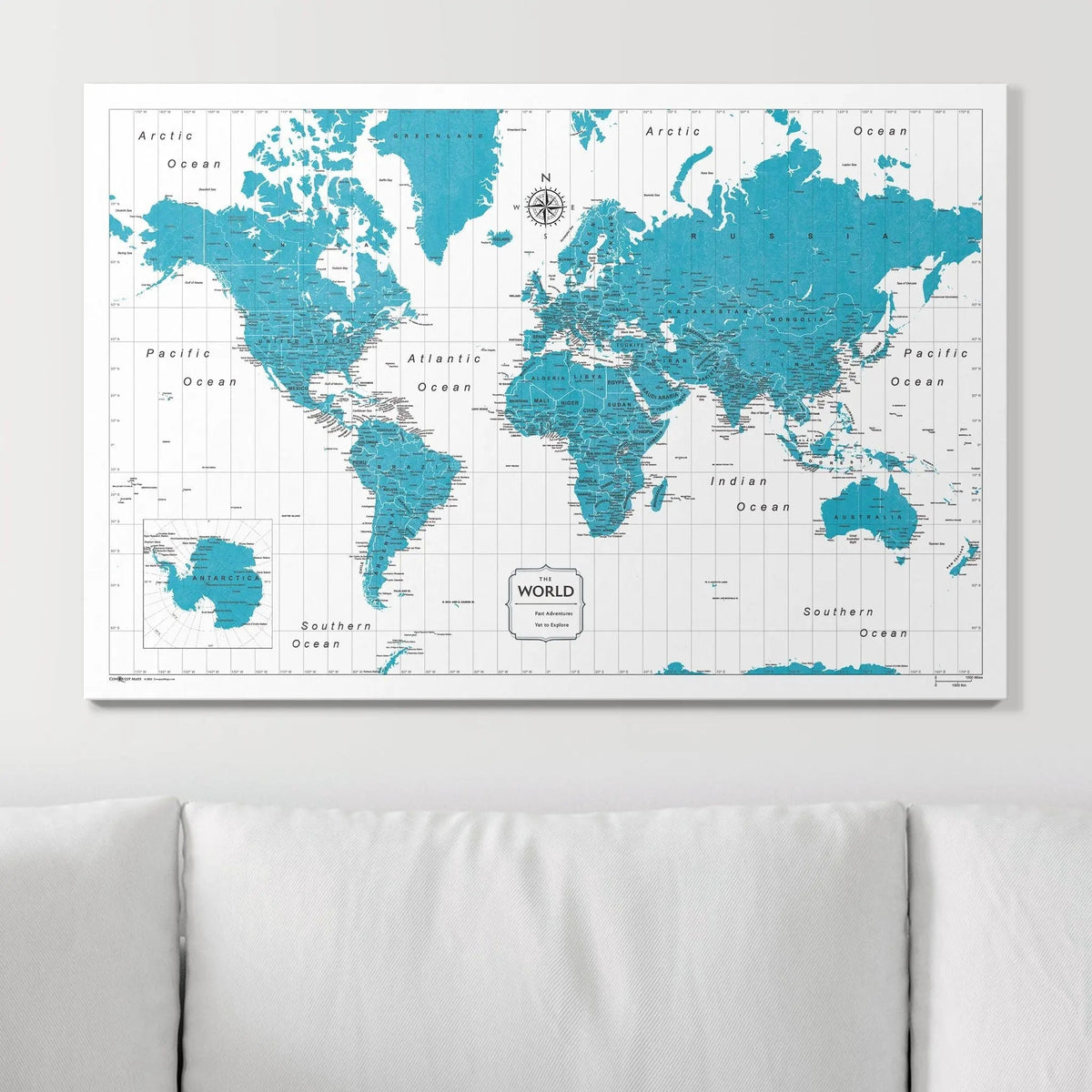 Push Pin World Map Pin Board - Teal Color Splash - Pins Included!