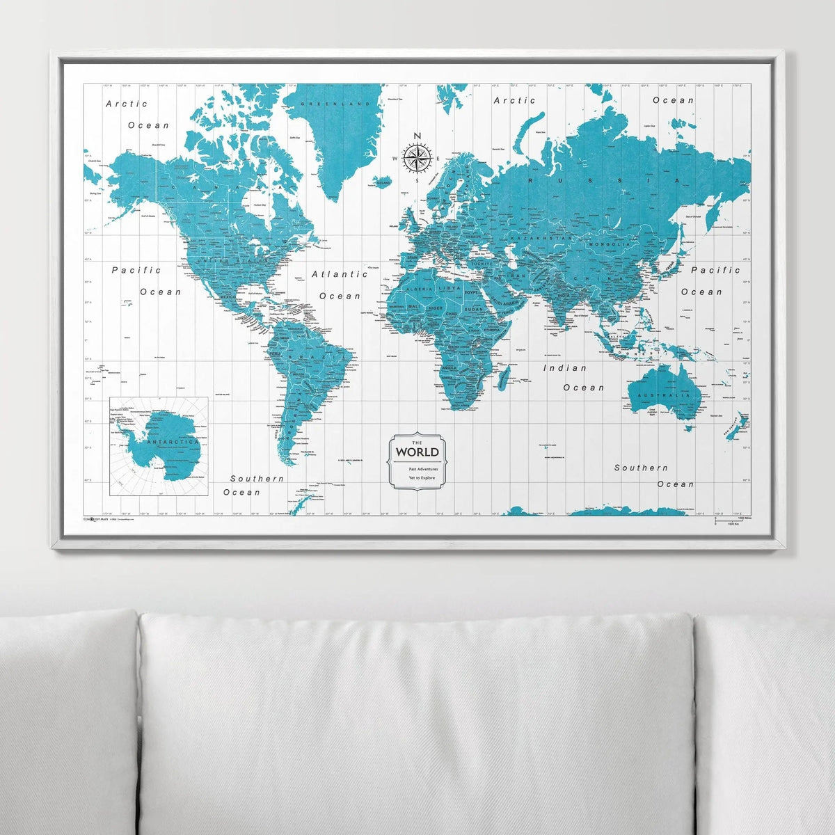Push Pin World Map Pin Board - Teal Color Splash - Pins Included!