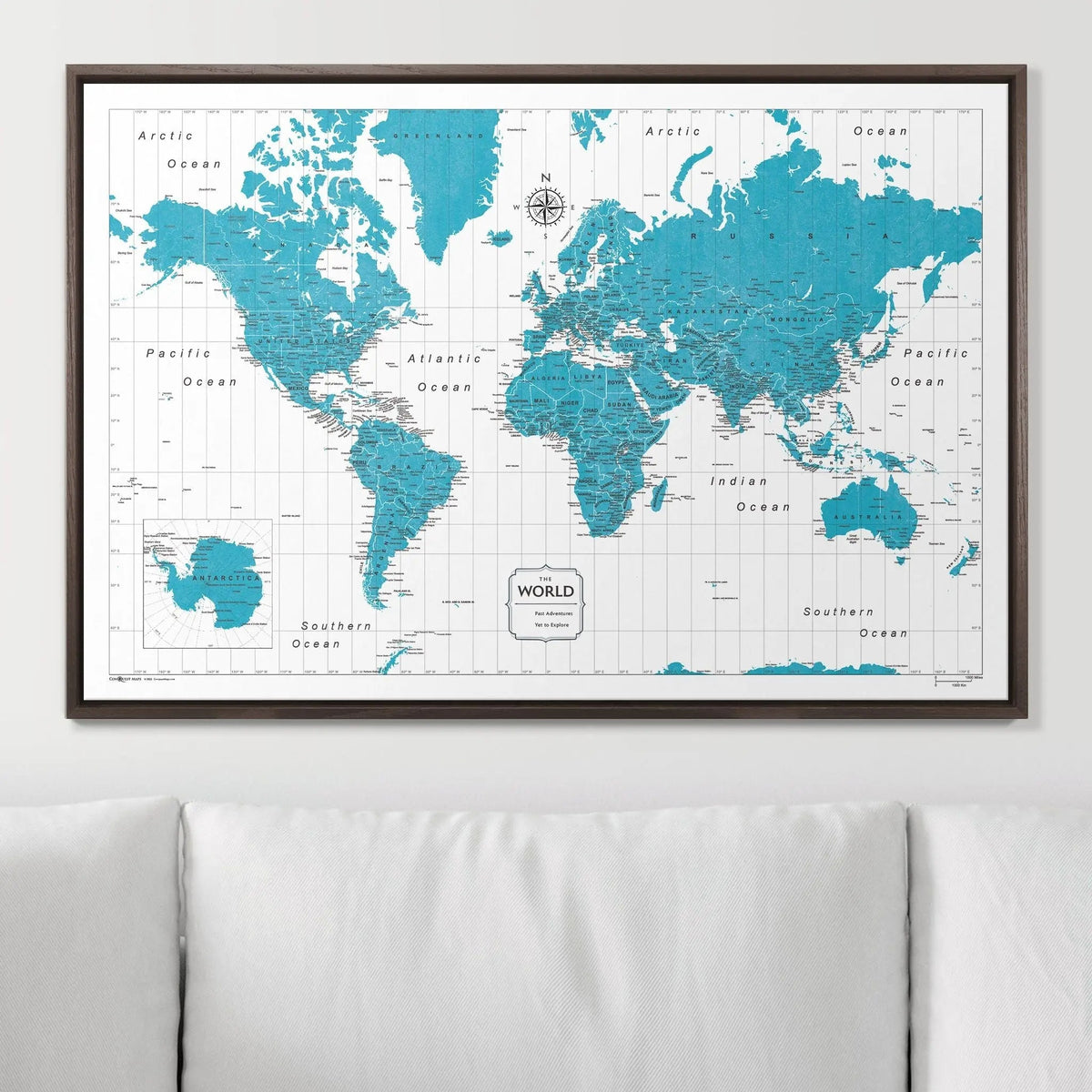 Push Pin World Map Pin Board - Teal Color Splash - Pins Included!