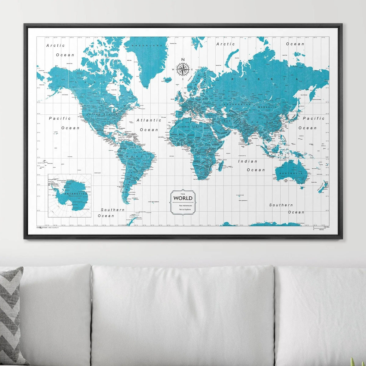 Push Pin World Map Pin Board - Teal Color Splash - Pins Included!