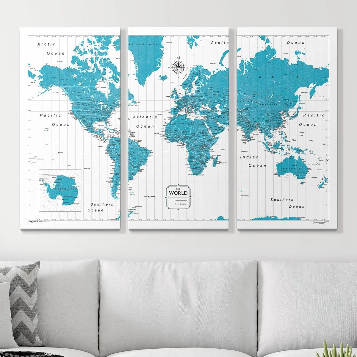 Push Pin World Map Pin Board - Teal Color Splash - Pins Included!