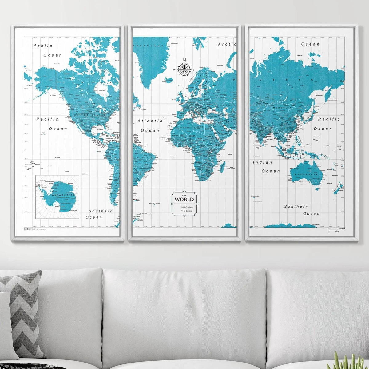 Push Pin World Map Pin Board - Teal Color Splash - Pins Included!