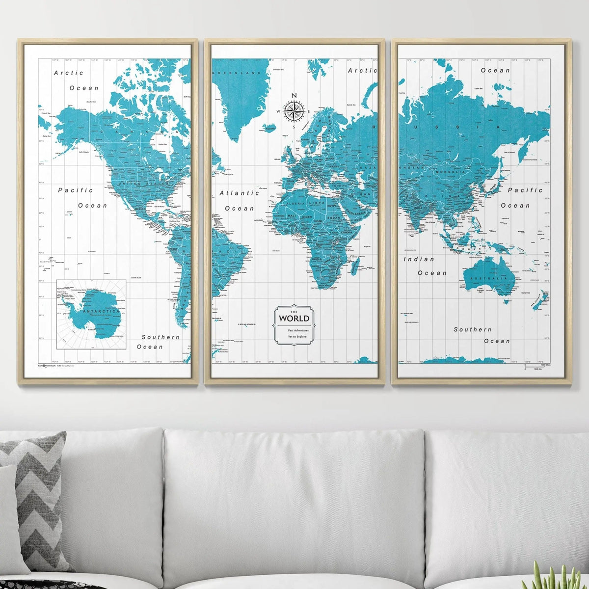 Push Pin World Map Pin Board - Teal Color Splash - Pins Included!