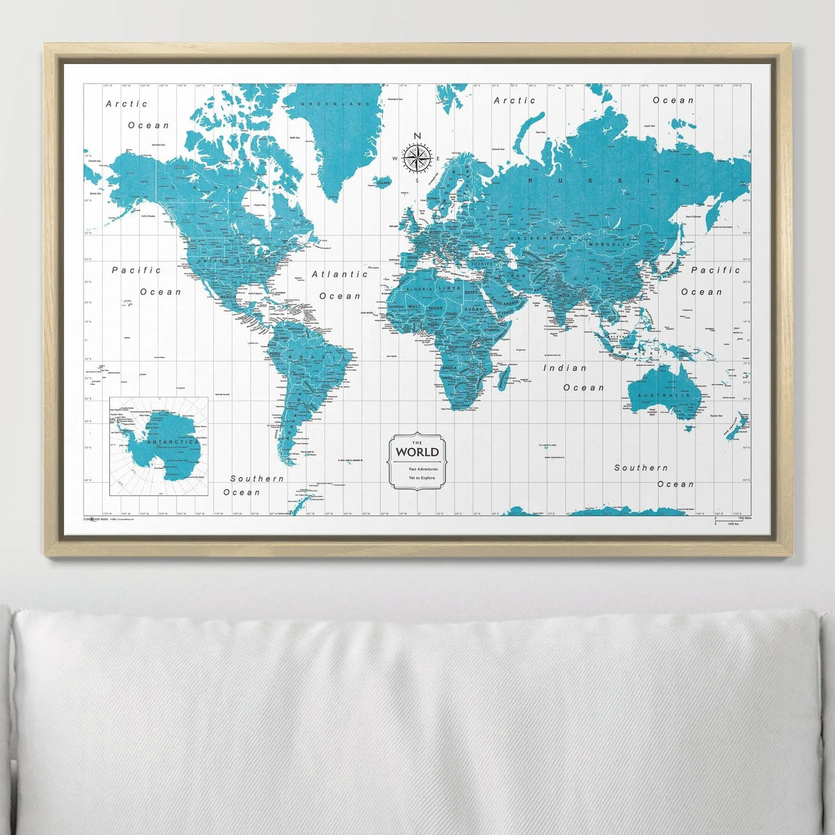 Push Pin World Map Pin Board - Teal Color Splash - Pins Included!