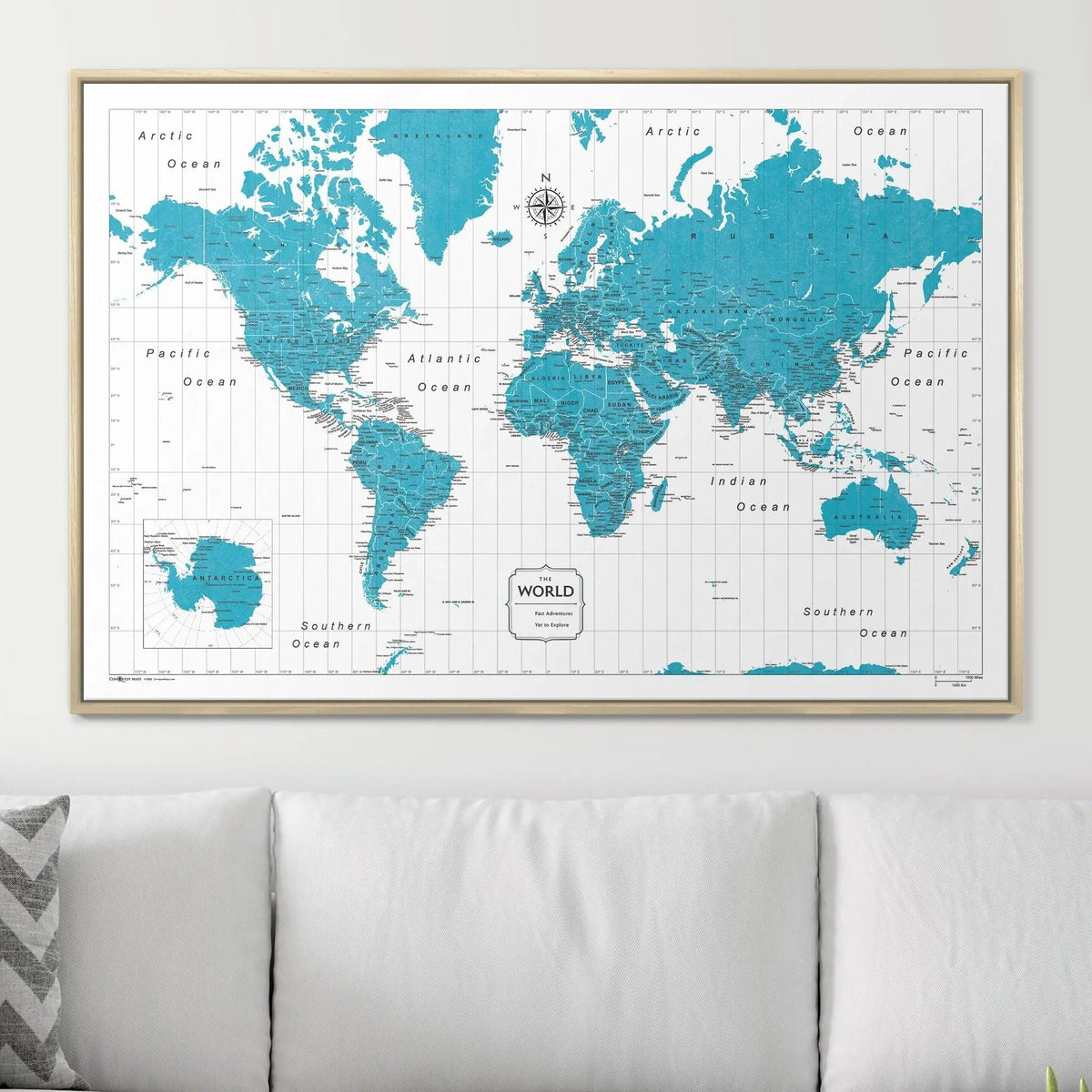 Push Pin World Map Pin Board - Teal Color Splash - Pins Included!