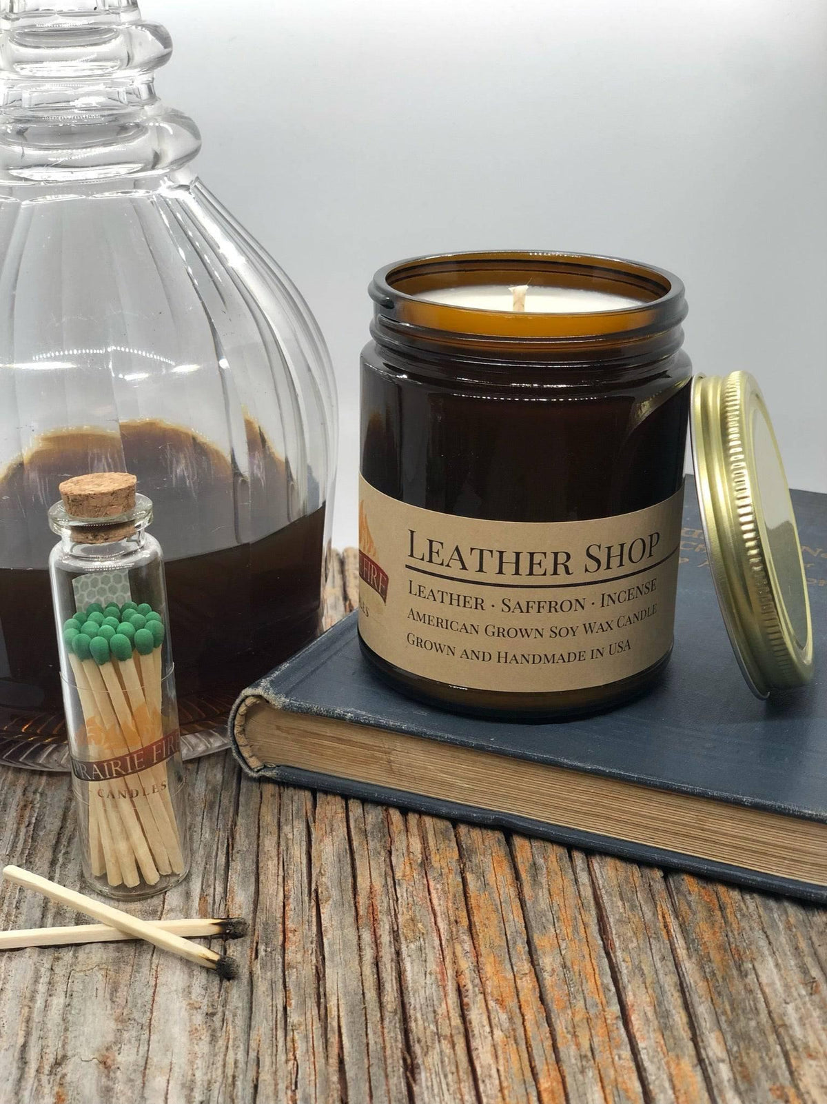 Leather Shop Soy Wax Candle | 9 oz Amber Apothecary Jar