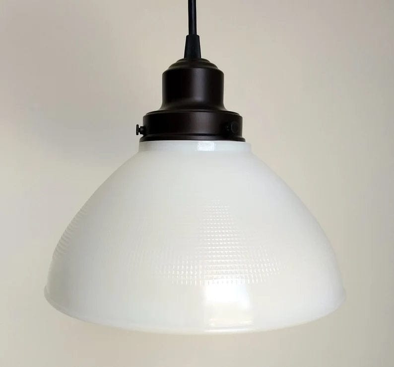 Antique Waffle PENDANT Light of Vintage Milk Glass - 10"