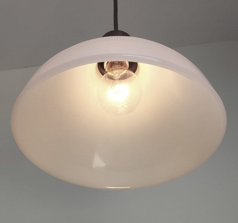 Antique Waffle PENDANT Light of Vintage Milk Glass - 10"