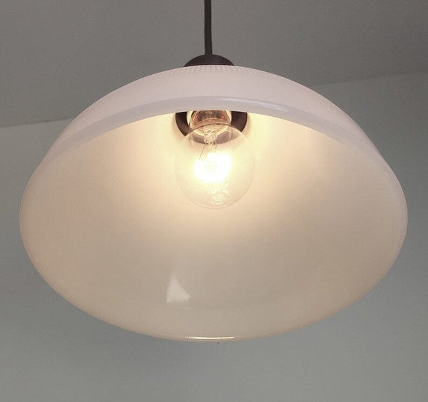 Antique Waffle PENDANT Light of Vintage Milk Glass - 10"