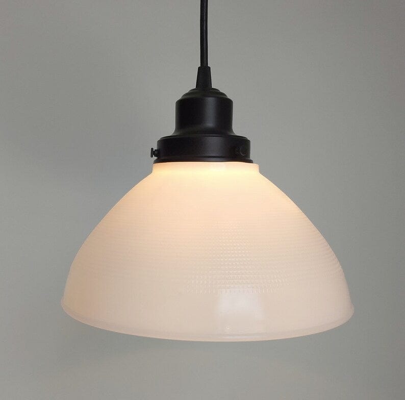 Antique Waffle PENDANT Light of Vintage Milk Glass - 10"