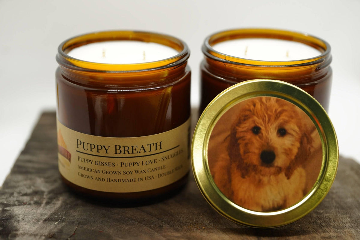 Puppy Breath Soy Wax Candle | 16 oz Double Wick Amber Apothecary Jar