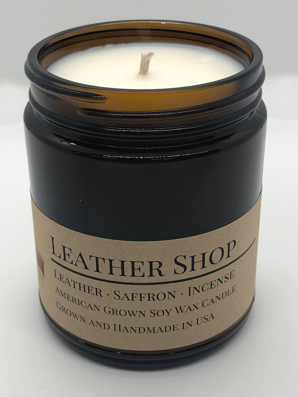 Leather Shop Soy Wax Candle | 9 oz Amber Apothecary Jar