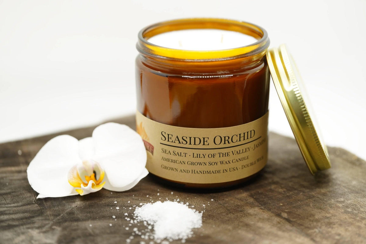 Seaside Orchid Soy Wax Candle | 16 oz Double Wick Amber Apothecary Jar