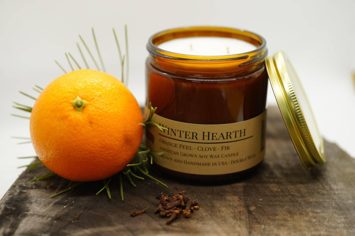 Winter Hearth Soy Wax Candle | 16 oz Double Wick Amber Apothecary Jar